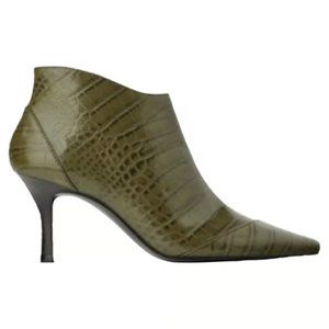 Zara Croc Print Embossed Heeled Olive Green Ankle Boot Booties, Sz EU 39 US 8